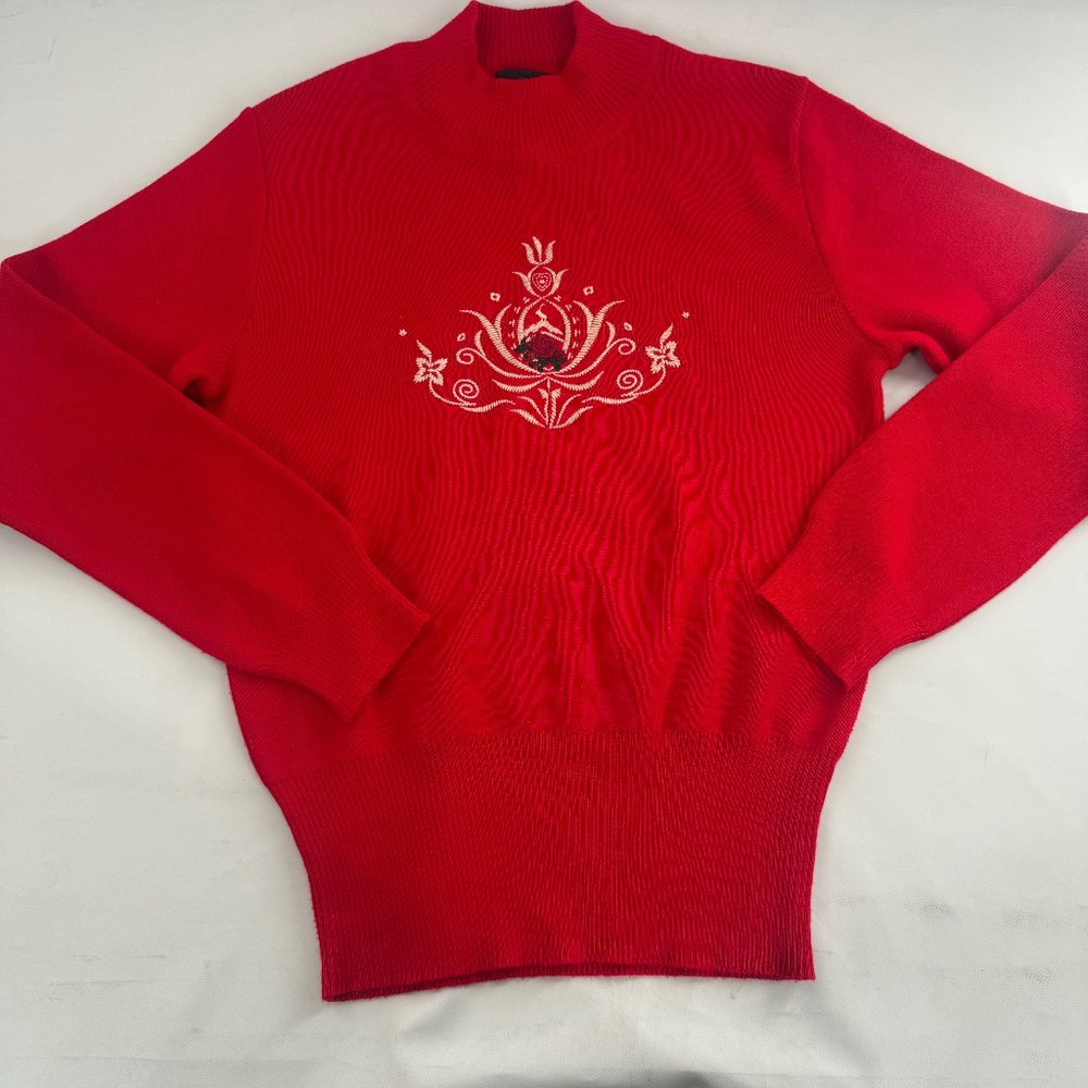 Bogner Women's Small Red Knit Sweater Pullover Embroidered Floral Crewneck